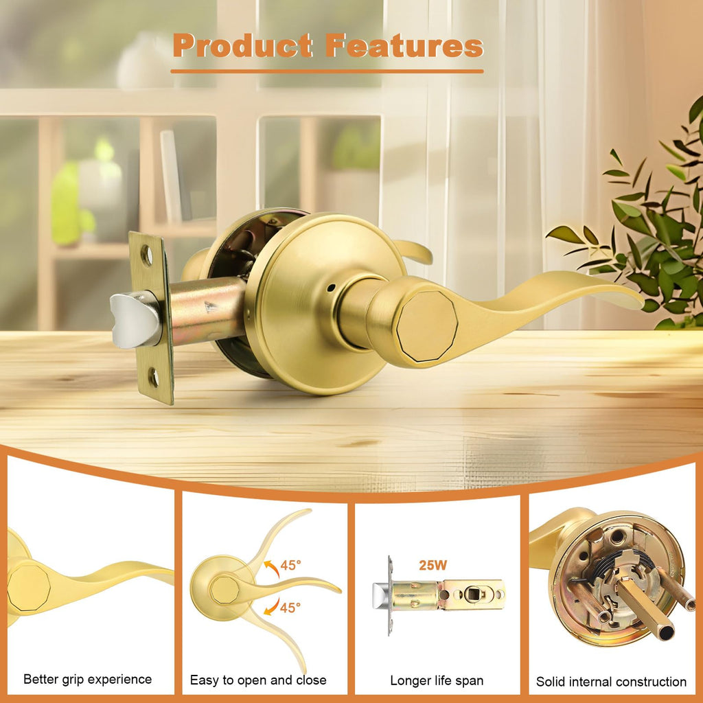 Door Handles Gold Interior Door Handles Passage Door Handle Lever Brushed Gold for Closet, Hallway Closet Wave Style
