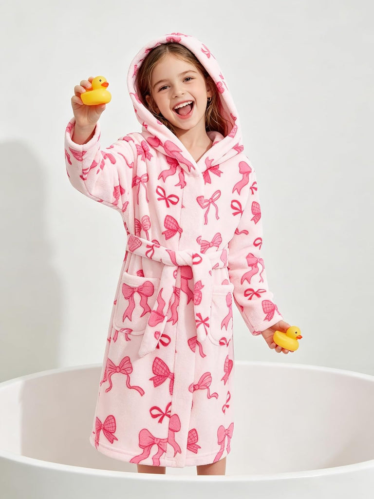 Girls Fleece Hooded Robes, Warm Printed Bath Robe for Kids Soft Fuzzy Bathrobe for Gifts