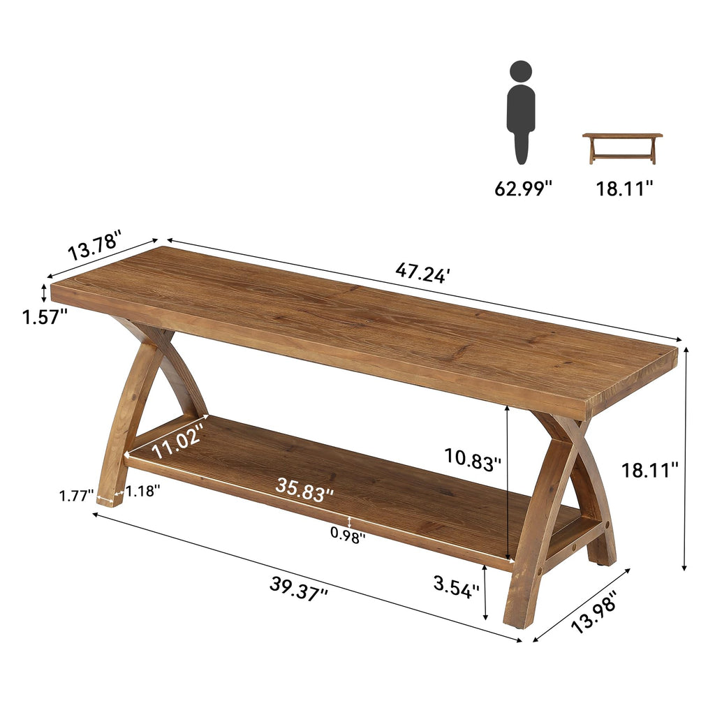 47.24" Solid Wood Entryway Bench with Shoe Storage, 2-Tier Rustic Indoor Bench, Foyer, Hallway