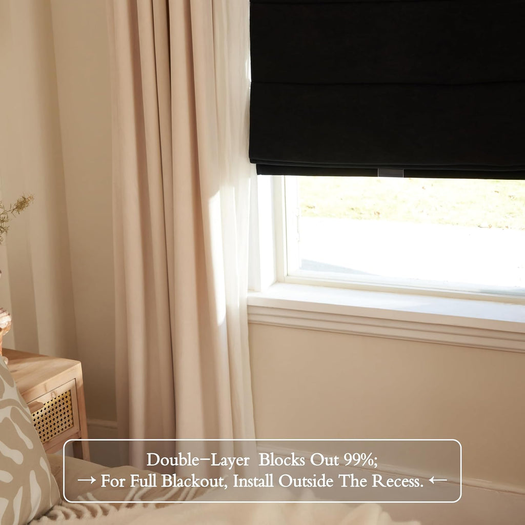 Blackout Roman Shades Cordless for Windows,34x64 Inch Mottled Black | White Backing, Pull Down Blinds, Heavy 430GSM