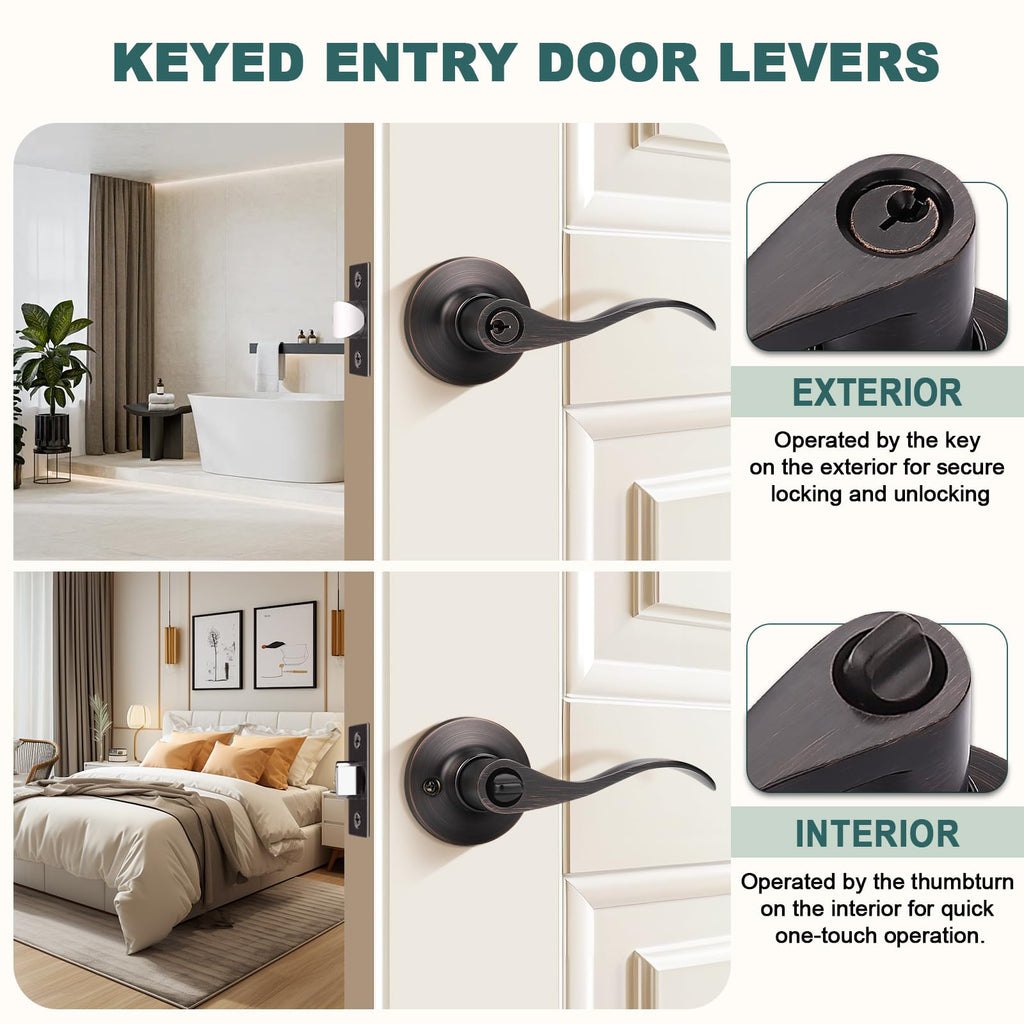 Entry Door Handles with Lock and Same Keys, Oil Rubbed Bronze Keyed Aliked Entry Door Lock Sets for Exterior &