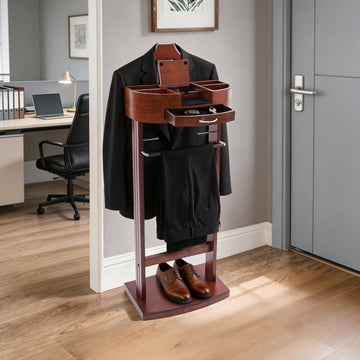 Wood Suit Rack Stand Clothes Valet Suit with Drawer Top Tray Organizer