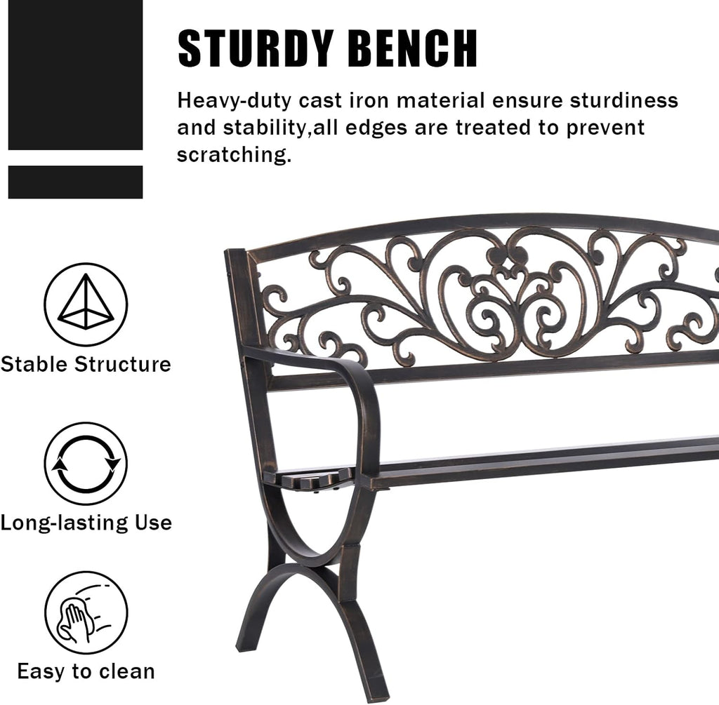 50 Inches Outdoor Garden Bench Cast Iron Metal Frame Floral Bronze | E-Coating Anti-Rust Finish, Weatherproof Outdoor