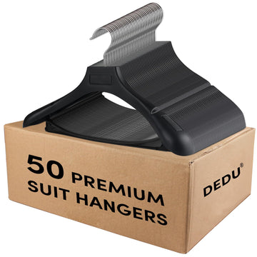 Suit Hangers for Men 50 Pack, Black Coat Hangers Extra Wide Non Slip Width 17.7", Thick Plastic with Pants Bar &