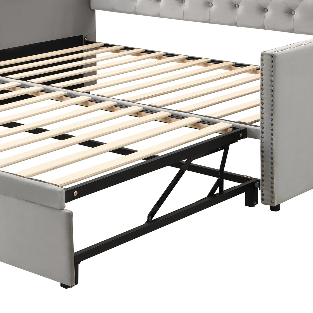 Twin Size Upholstered Daybed with Pop up Trundle, Velvet Day Bed Frame with Extendable Trundle, Twin to King