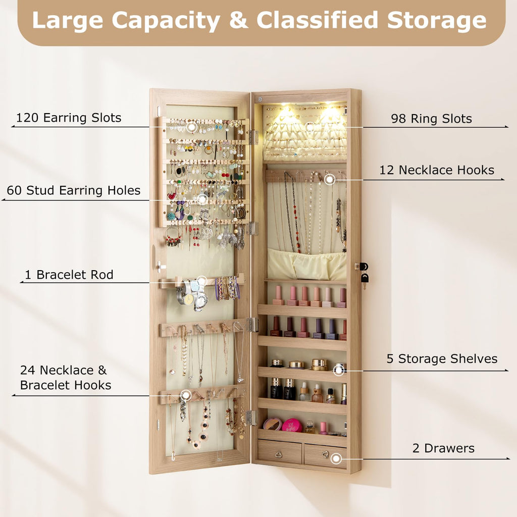 Wall Door Jewelry Armoire, 47.5" H Full Length Mirrored Jewelry Cabinet with 2 LED Lights and 2 Drawers, Lockable