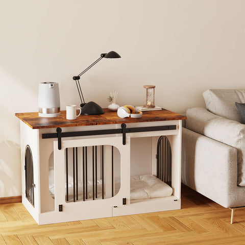 XL Dog Kennel Furniture,39.4 Inch Farmhouse Crate Furniture with Cushion Decorative White Dog Kennel Indoor Thick