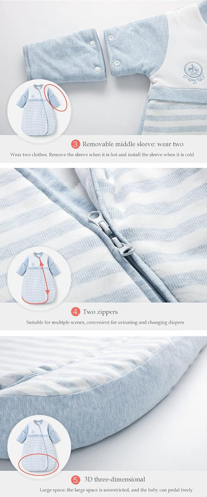 Organic Sleeping Bag Detachable Sleeve Wearable Blanket,Grey,Double Layer for 68-77°F