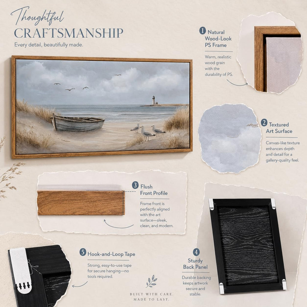 Framed Beach Coastal Lighthouse Canvas Wall Art 16X32 Inch