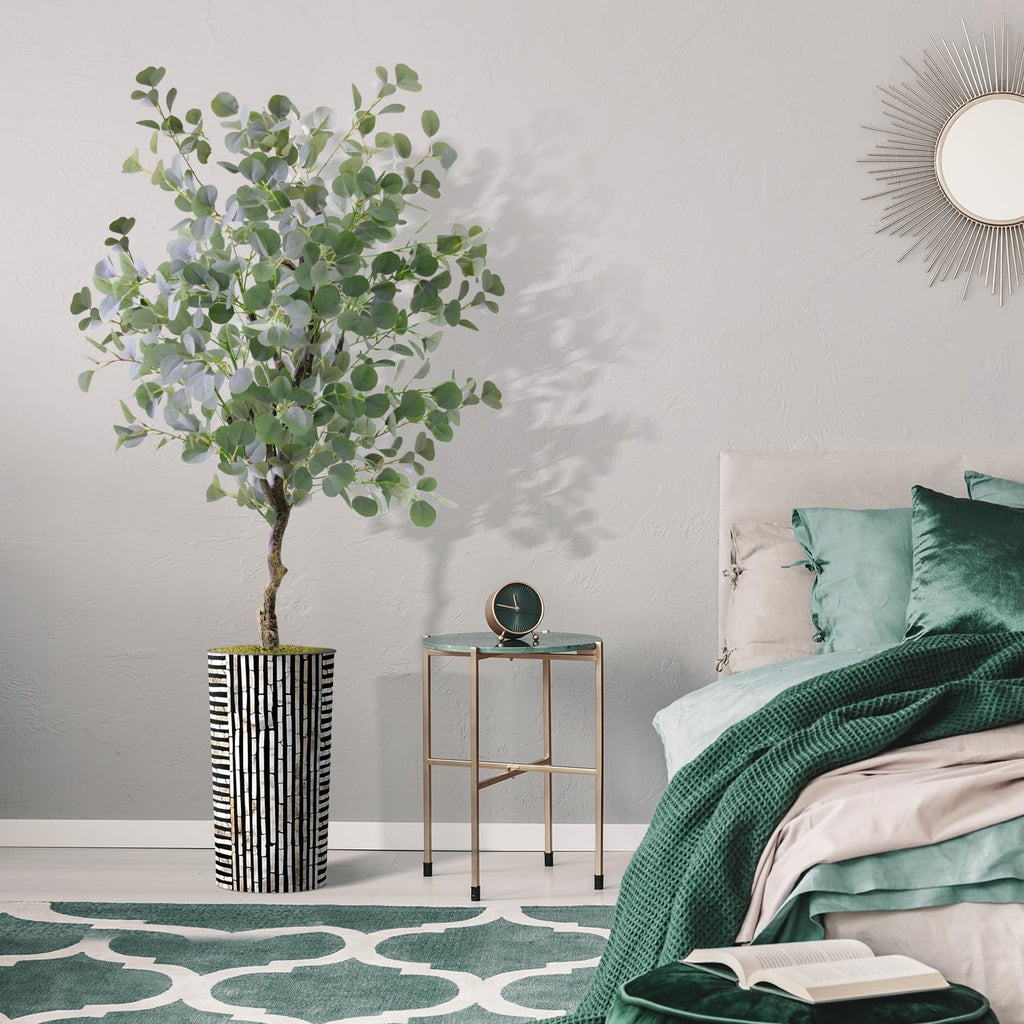 Artificial Tree in Black and Brown Striped Planter, Fake Eucalyptus Silk Tree for Indoor and Outdoor Home Decoration