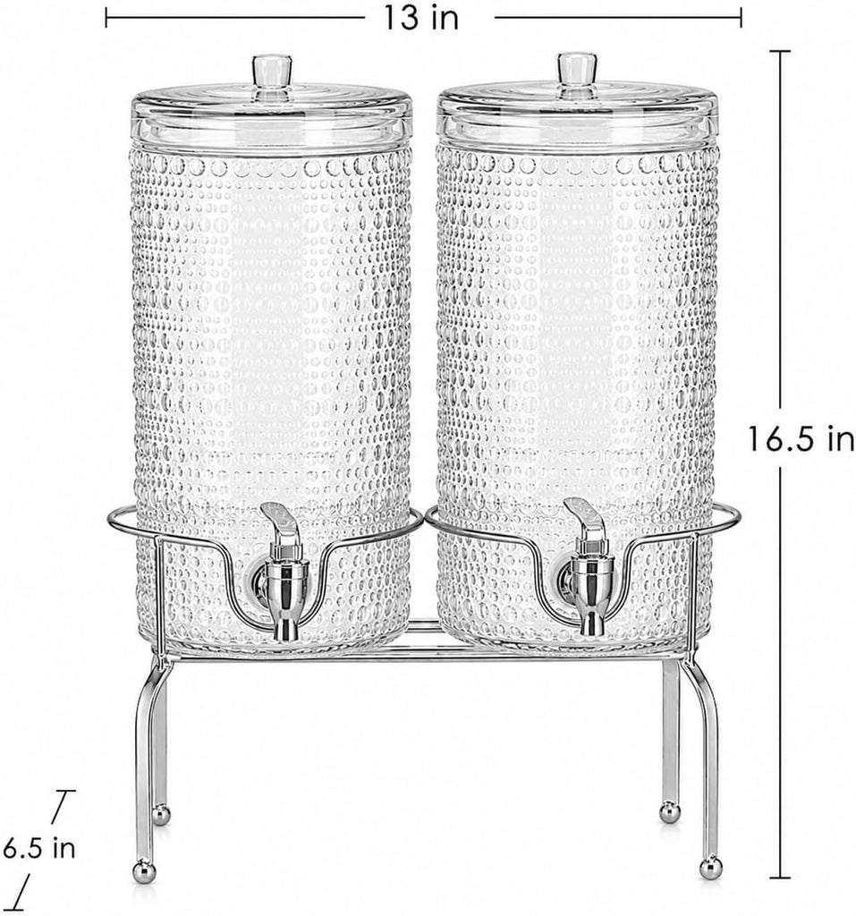 Gallon for Parties, Hobnail Drink Dispenser, Beverage Dispenser with Stand and Glass Lid, 100% Leakproof - Set of 2