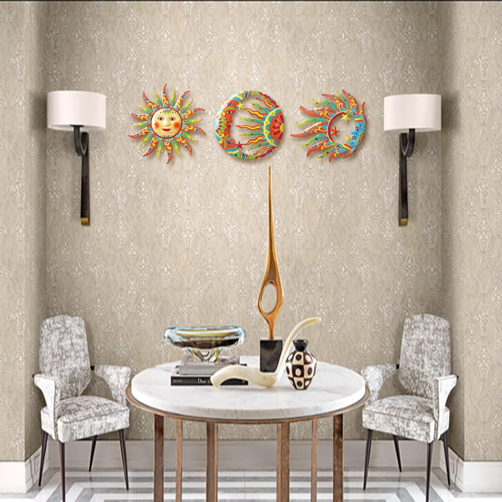 Sun Moon Sun Face Metal Wall Sculpture, Indoor Outdoor Garden Fence Decor - Set of 3