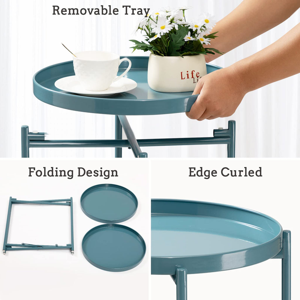 2 Tier Round Side Table, Folding Round Metal End Table Small Nightstand with Two Removable Tray Living Room Bedside