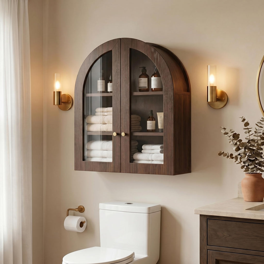 Arched Wall Cabinet, Bathroom Cabinet Wall Mount with Glass Doors & Adjustable Shelf, Floating Medicine Cabinet
