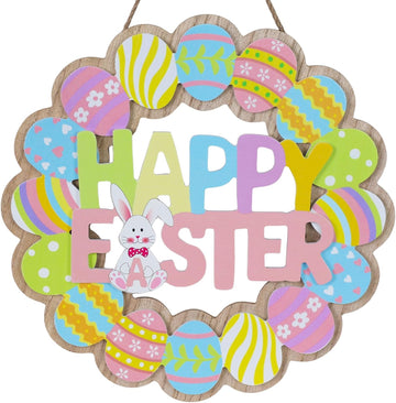 Easter Decorations, Wooden Bunny Eggs Wreaths for Front Door Sign, Happy Easter Wood Wall Signs Hanging Crafts Spring