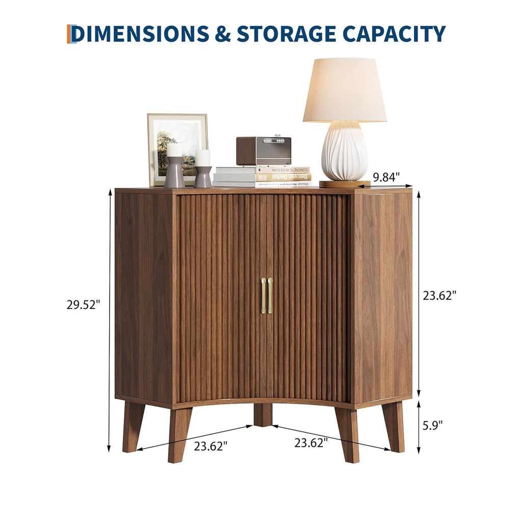 Fluted Corner Cabinet with Doors, Corner Kitchen Cabinet, Wine Bar, Sideboard