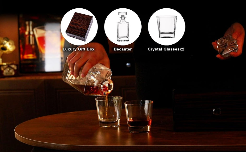 Whiskey Decanter Set with Premium Wood Gift Box: 2 Rock Glasses, Crystal Glass Decanter, Bourbon, Whiskey, Gifts - Set of 5