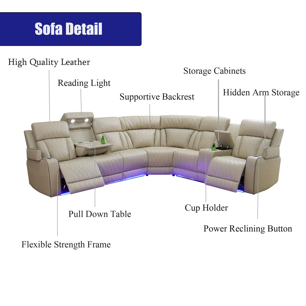 Brown Leather Recliner Sectional Couch with LED, Power Sectional Sofa and Loveseats, Power Recliner Sofa Set