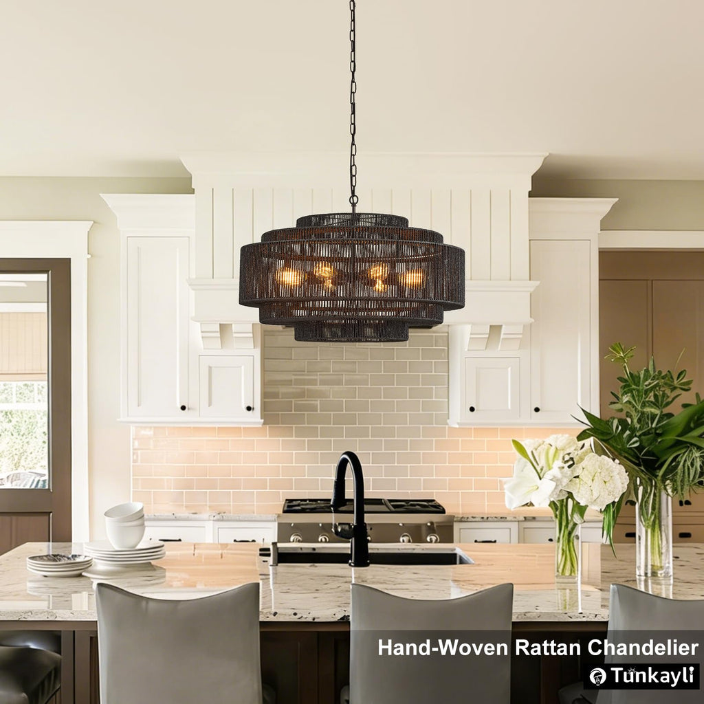 31.5" Large Black Rattan Chandelier, 8-Light Drum Light Fixture