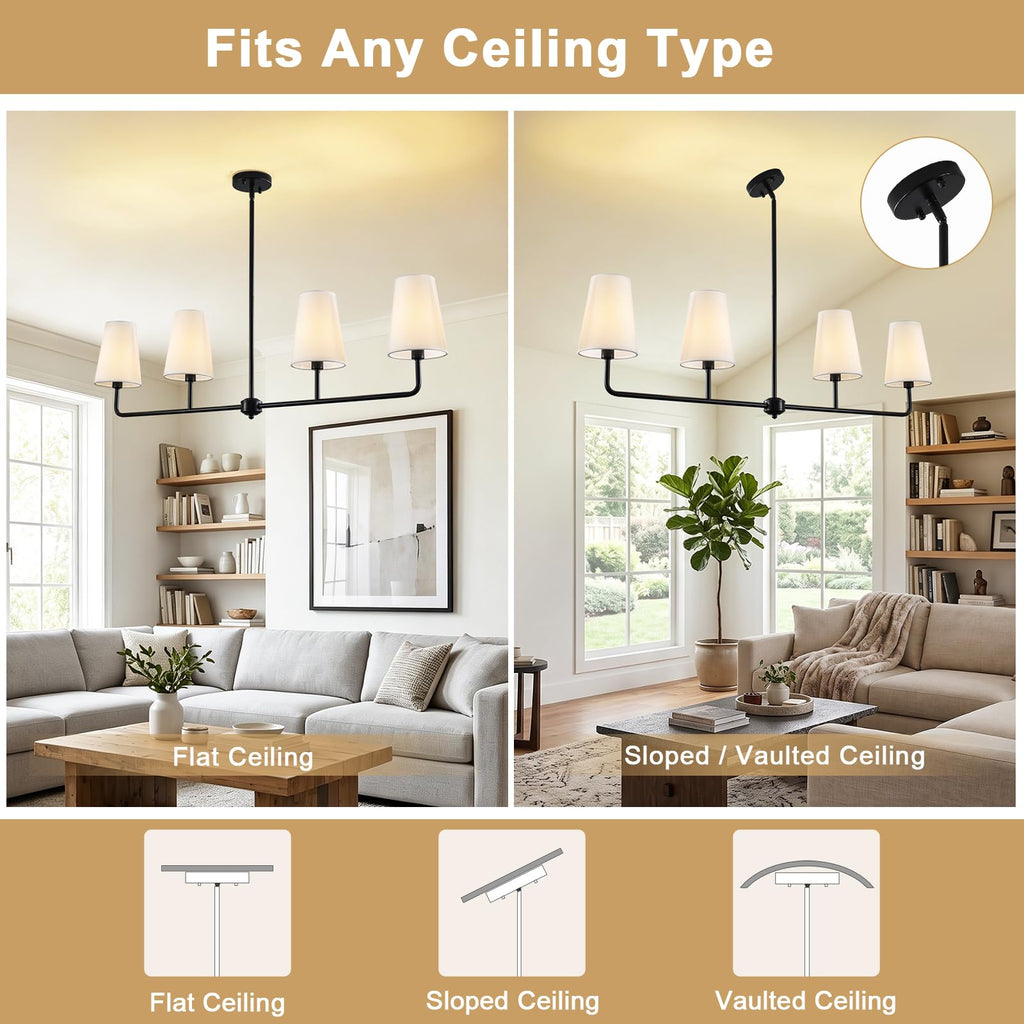 47.6" Large Linear Pendant Light, 4-Light Kitchen Island Lighting with White Linen Shades, Modern Matte Black