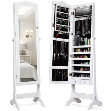 Jewelry Armoire Organizer with Full Length Mirror, 14 LEDs, White