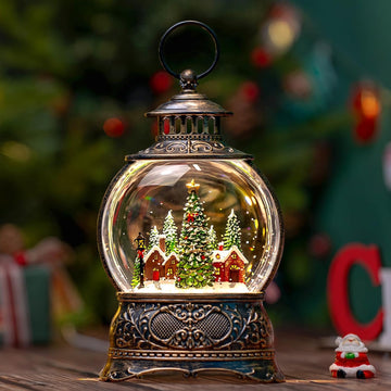 Christmas Snow Globes Water Lantern with Christmas Tree Village, Music & 6H Timer, USB Lined/Battery Operated Lighted