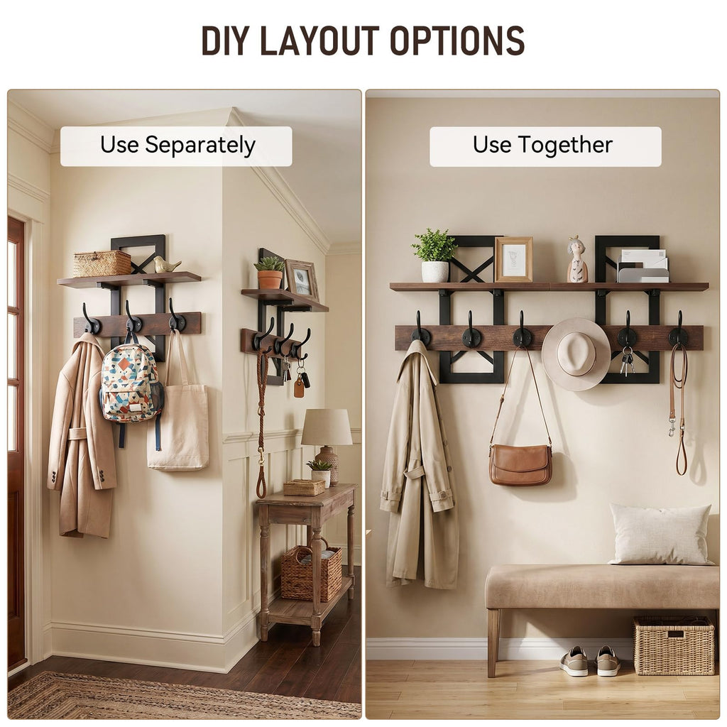 33.86" Wall Mounted Coat Rack with Shelf, Heavy Duty Entryway Wall Organizer with 6 Dual Hooks and Key Holder, Rustic