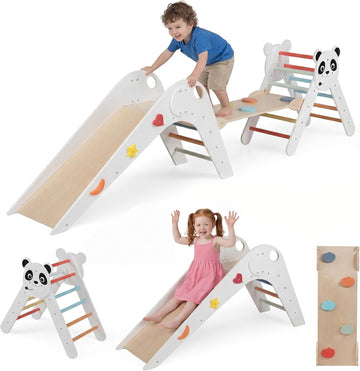 Triangle Set, Panda-Themed Montessori Toddler Climbing Toys Indoor with Ladder, Tunnel, Slide, Ramp, Fun Blocks