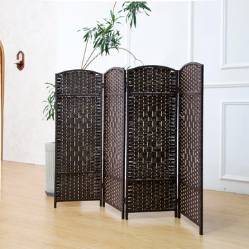Compact 4 Panel Short Room Divider, 47.2 Inch Tall Double-Sided Rattan Folding Privacy Screen, Dark Brown