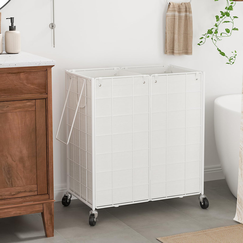 Double Laundry Hamper with Wheels, Metal Rolling Laundry Basket