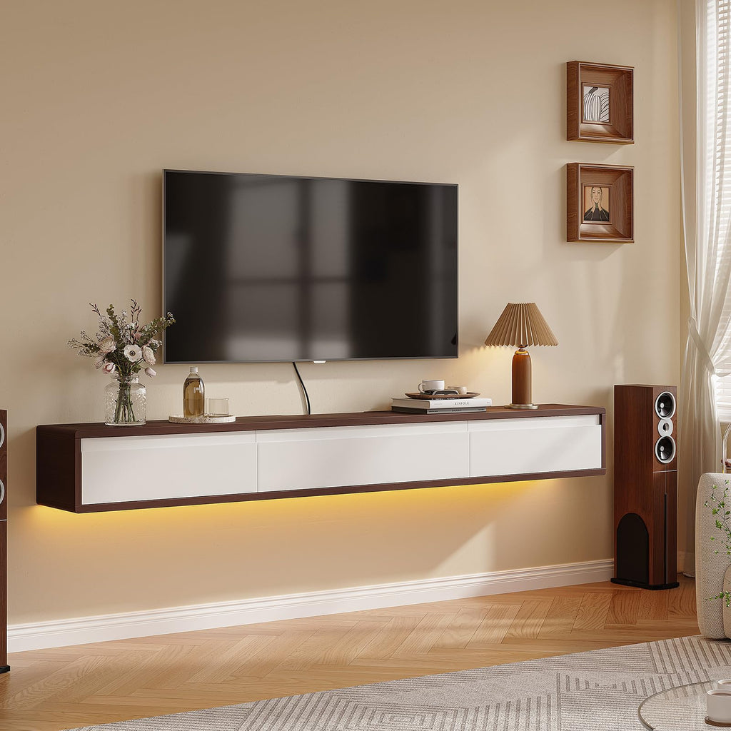 Floating High Gloss, 55'' Wall-Mounted TV Cabinet, Floating TV Console, Under TV Shelf with 3 Doors (Walnut+White)