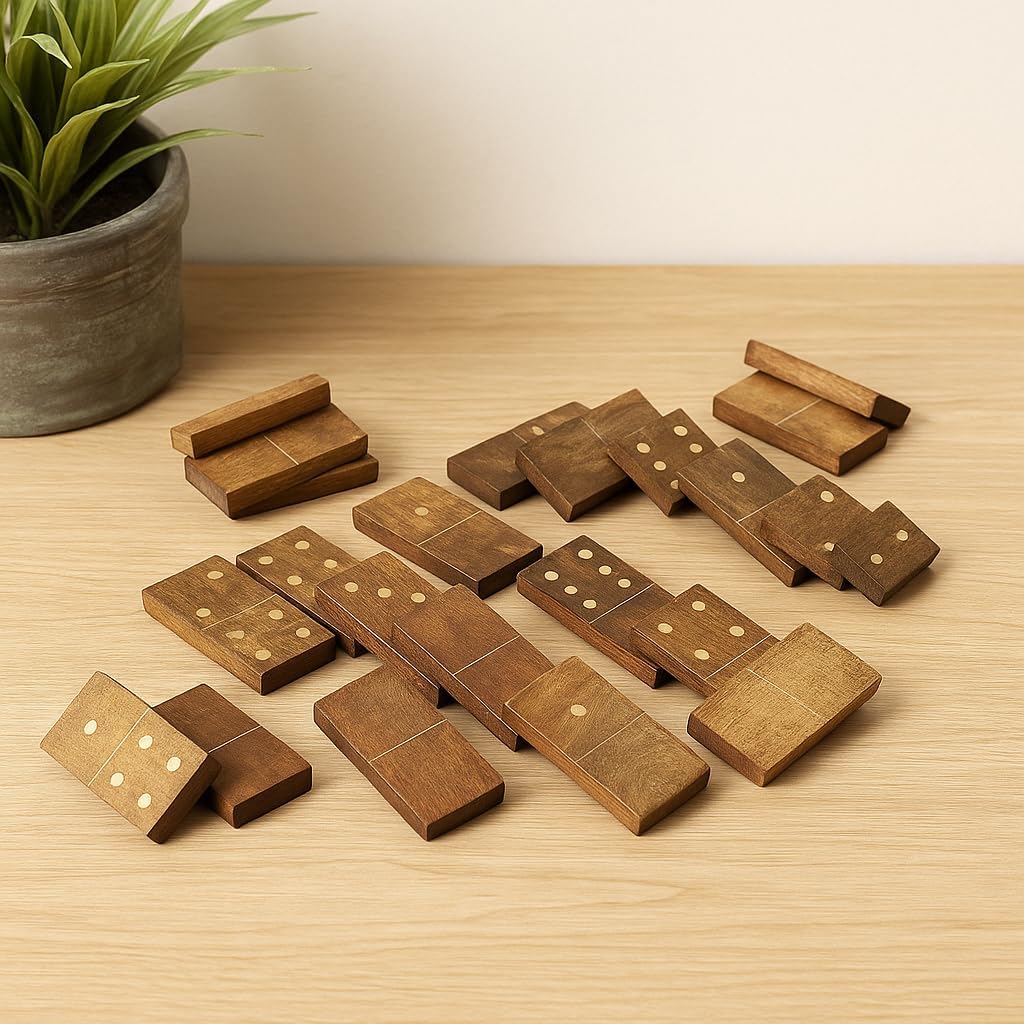 Handmade Wooden Dominoes Set | 28-Piece Double Six Professional Size Dominoes with Decorative Wooden Storage Box - Set of 28