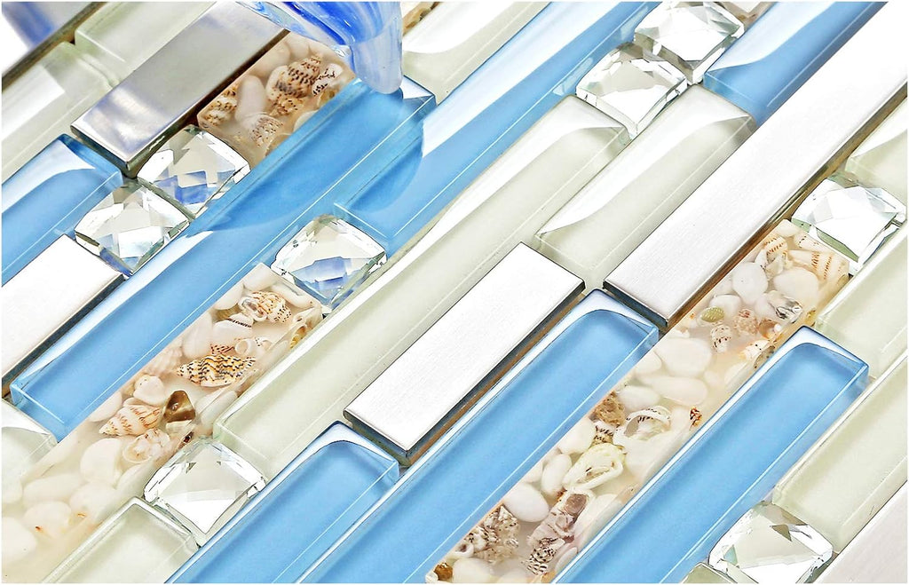 Beach Style Tile Real Seashell Inside Blue Cream White Brushed Steel Art Mosaic Kitchen Backsplash Bath Decor (Pack