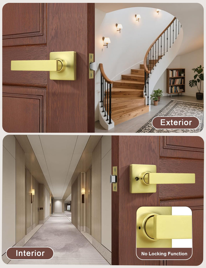 10 Pack Passage Door Levers Gold Finish, No-Locking Keyless Square Door Knob, Interior Door Handles for Closet and