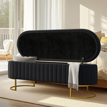 55.5" Velvet Upholstered Storage Bench with Channel Tufted Seat and Metal Legs, Multi-Functional Ottoman with