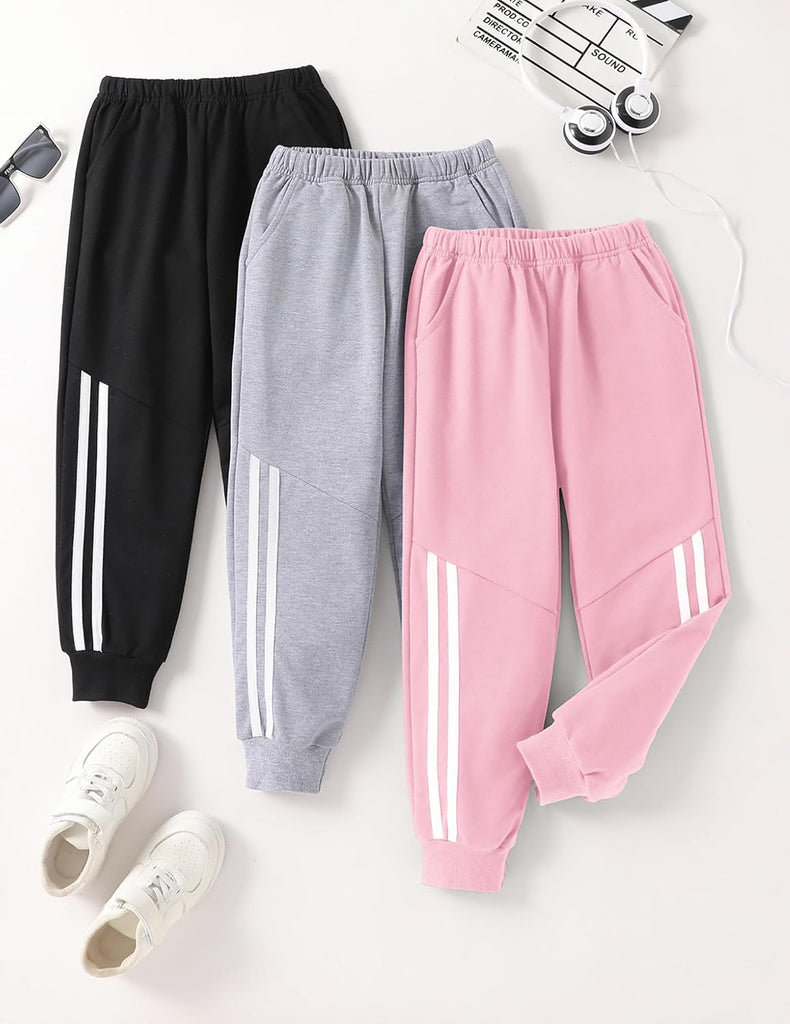 Girls' 3 Pack Cotton Sweatpants Elastic Waisted Joggers Athletic Pants with Pockets for Kids