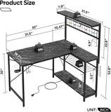 42 L Shaped Gaming Desk, Computer Desk with Power Outlets & LED Light, Reversible Corner Desk with Shelves