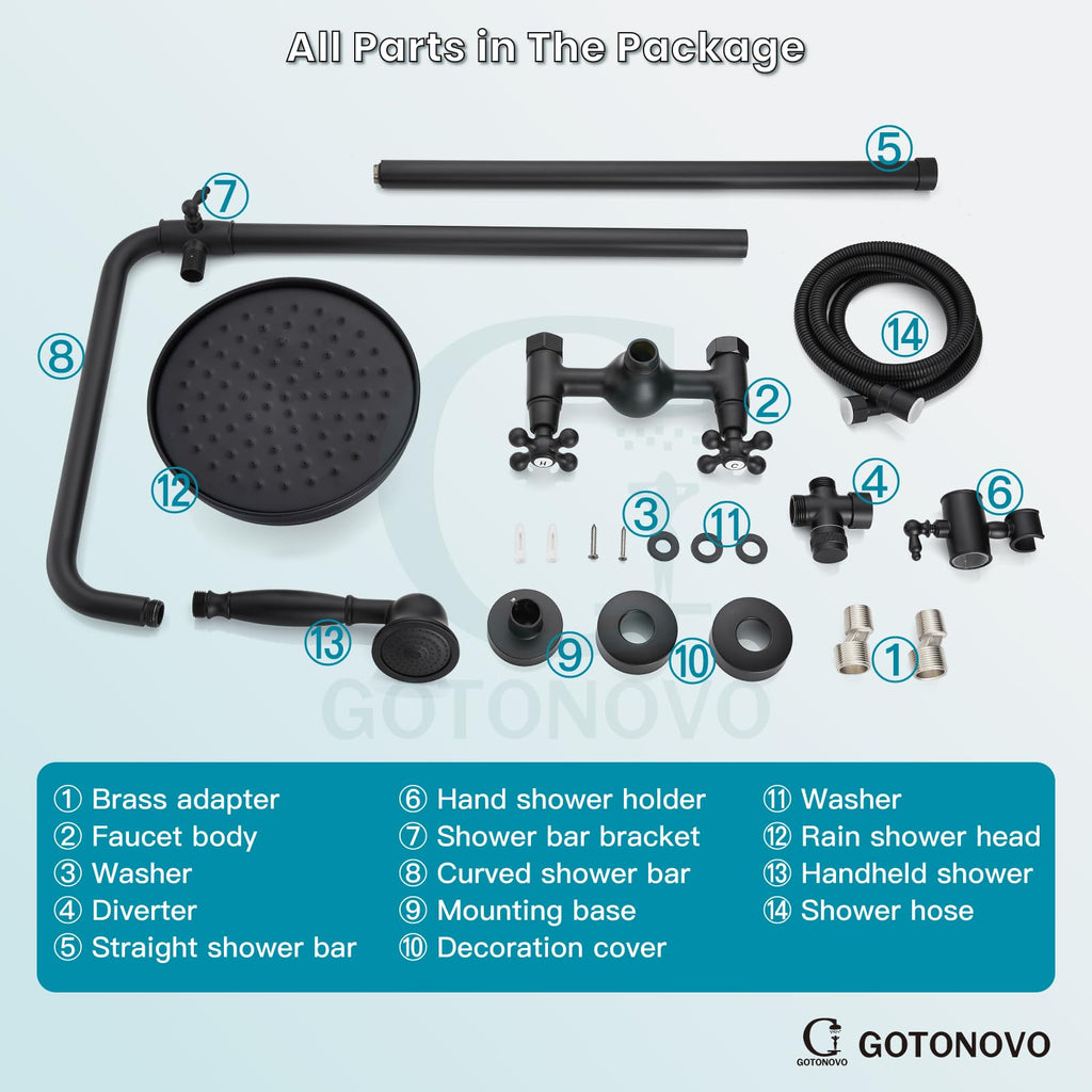 Exposed Shower System Wall Mount,Matte Black,Metal Handheld