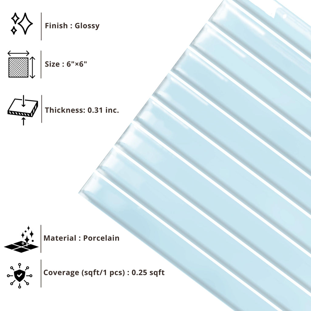 Ice Blue 6x6 Glossy Porcelain KitKat 3D Ribbed Wall Tile, Modern Nordic Textured Decorative Tile Backsplash