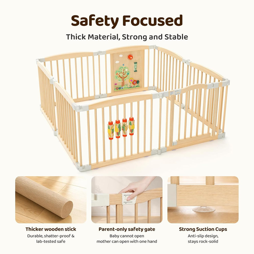 Wooden Baby Playpen, 60"×60"×25" 8-Panel Foldable Wood Play Yard with 2 Montessori Toys for Toddlers, Adjustable