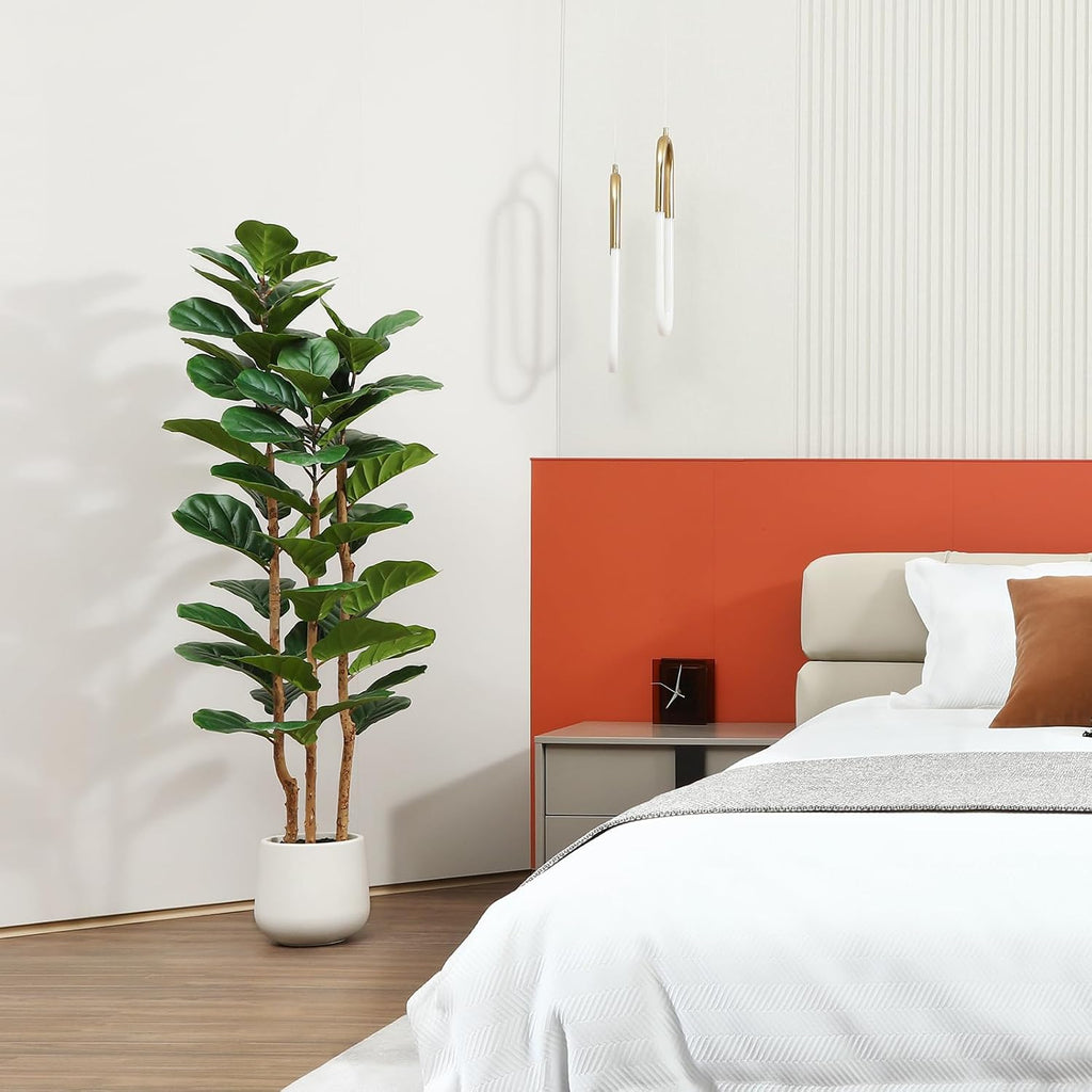 Artificial Fiddle Leaf Fig Tree with White Planter,5ft Tall Fake Tree with Natural Wood Trunk Decor, Faux Ficus Tree