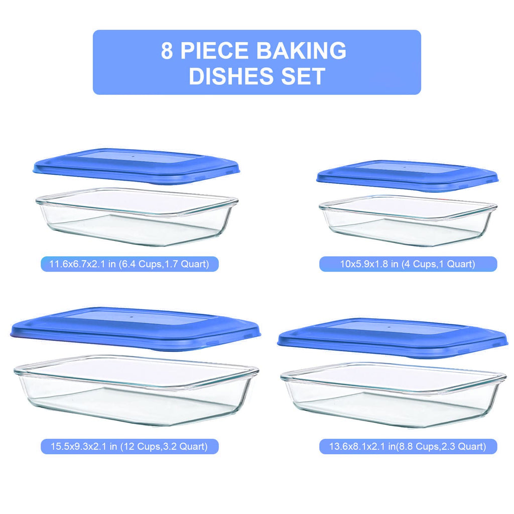 8 Pieces Glass Baking Dish with Lids, Blue
