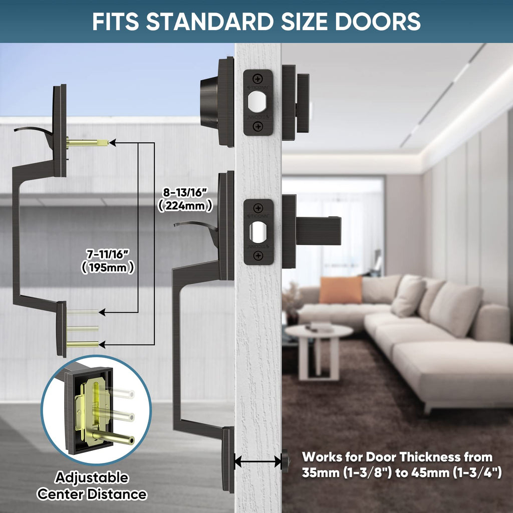 Front Door Handle Set, Heavy Duty Square Door Lever & Single Cylinder Deadbolt Combo Reversible for Entrance Exterior