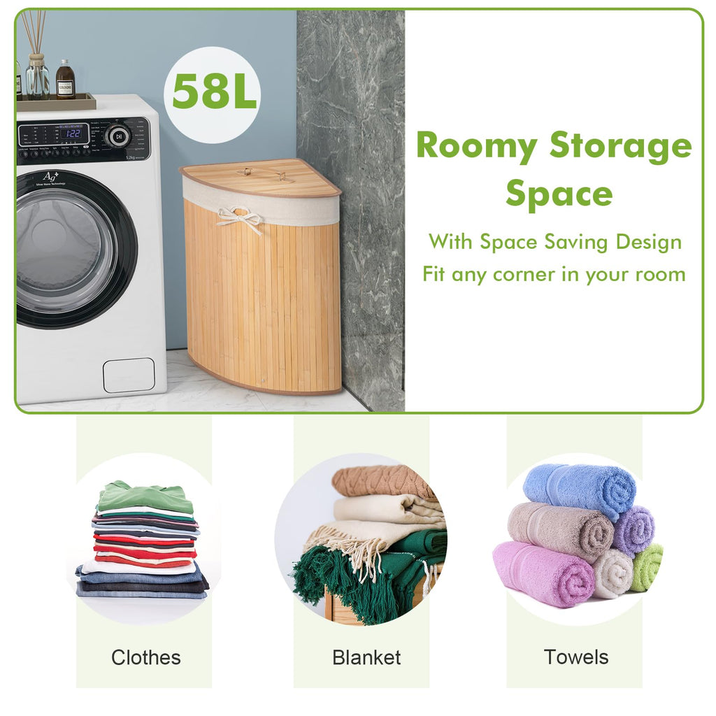 58 L Corner Laundry Hamper w/Lid, Removable Liner, Handle Natural