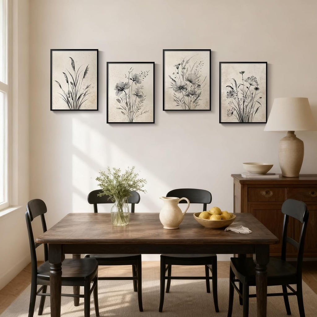 Framed Vintage Botanical Wall Art, 4 Piece Neutral Rustic Boho Floral Canvas Painting Prints for Modern Farmhouse