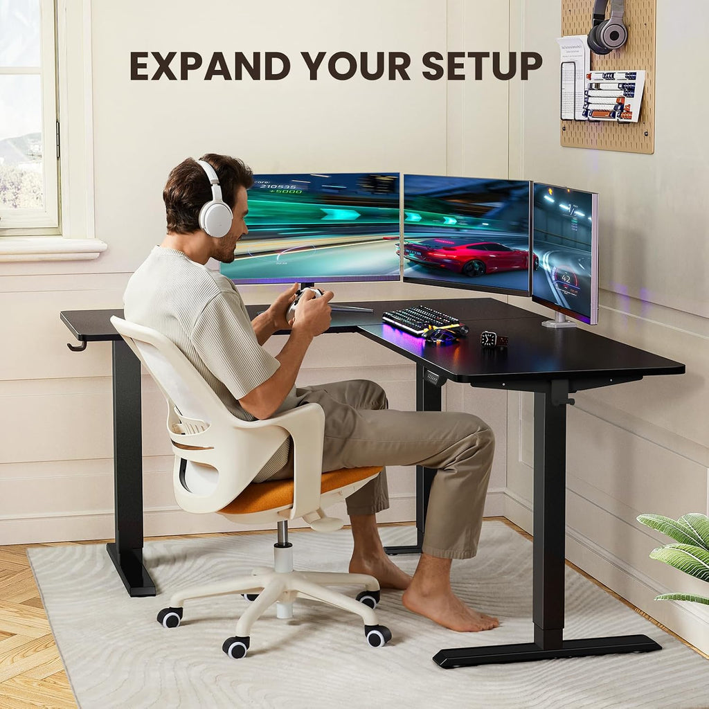 63′′ L Shaped Standing Desk Electric Adjustable Height, Black | Left & Right Interchangeable Installation, 4 Memory