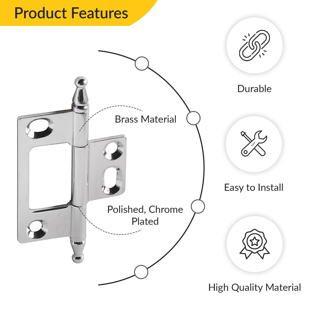 Decorative Butt Hinge, Non-Mortise, Minaret Finial Elite Solid Brass Hinge, Polished Chrome Polished, Chrome
