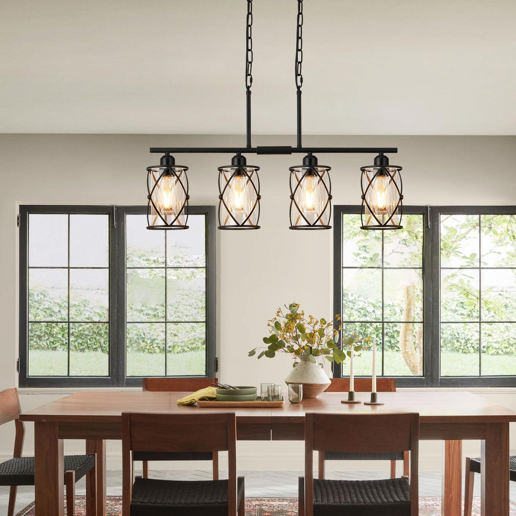 Kitchen Island Lighting, Modern Black Dining Room Light Fixtures with Clear Glass, Farmhouse Industrial