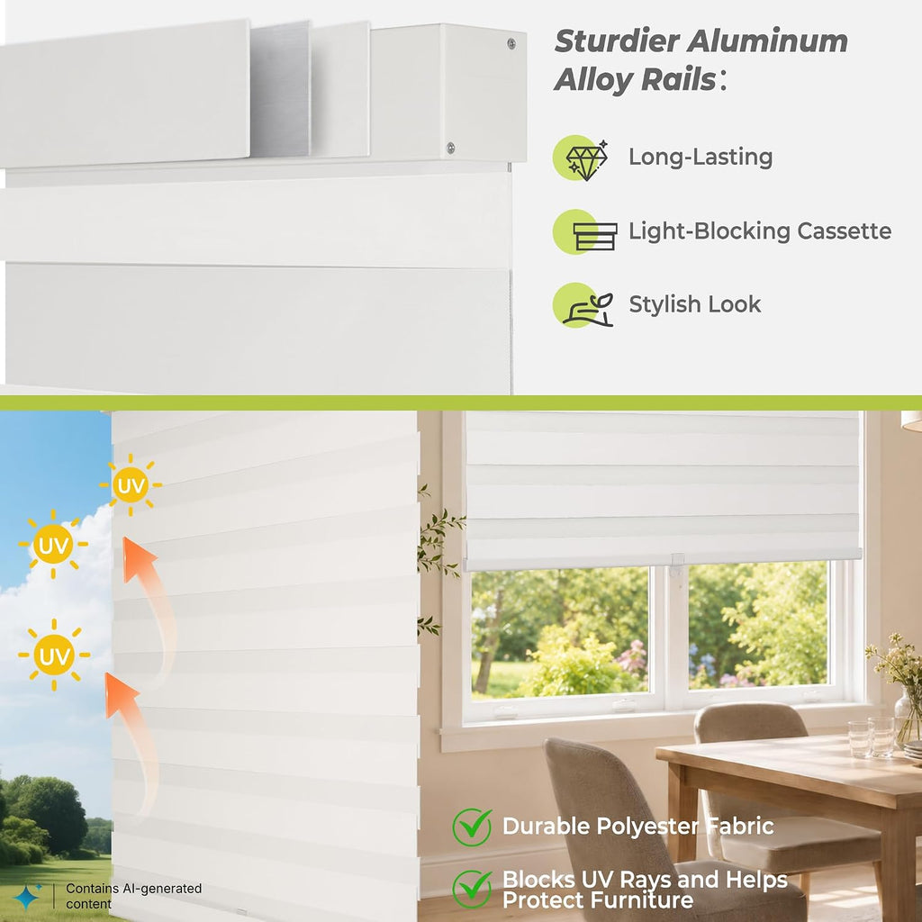 Cordless Zebra Blinds for Windows, Home Office, White, 36" W x 64" H | Dual-Layer Light Control Window Blinds For Day