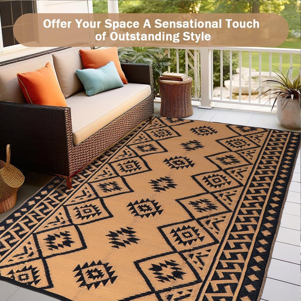 Outdoor Rug Waterproof Patio Rug Plastic Rug Black & Brown